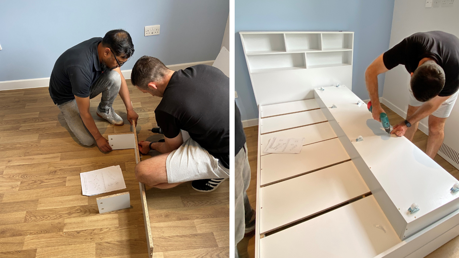 Volunteers from Chas Berger assembling furniture to create a homely environment for future Look Ahead customers to enjoy when they move in.